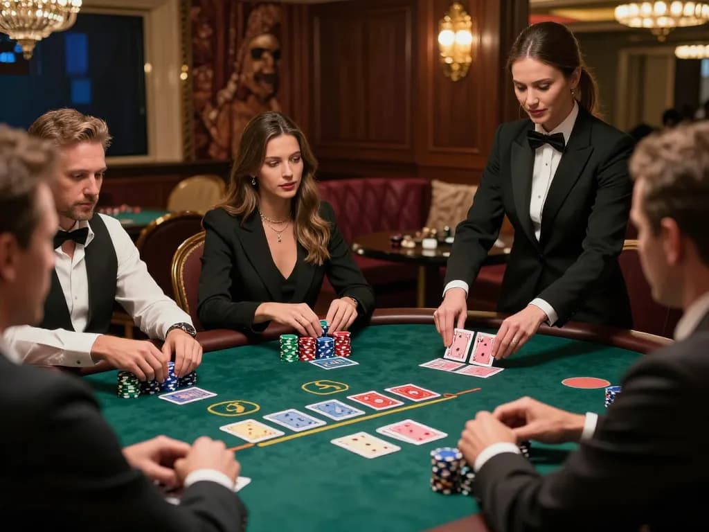 VT88 players strategizing blackjack at an upscale casino table.
