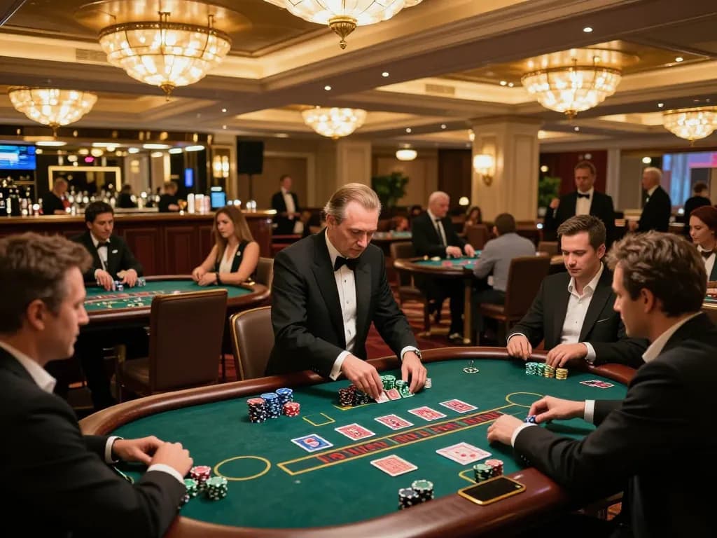 Engaged players at a blackjack table strategizing their moves in a luxurious casino, tx88 visible among cards and chips.
