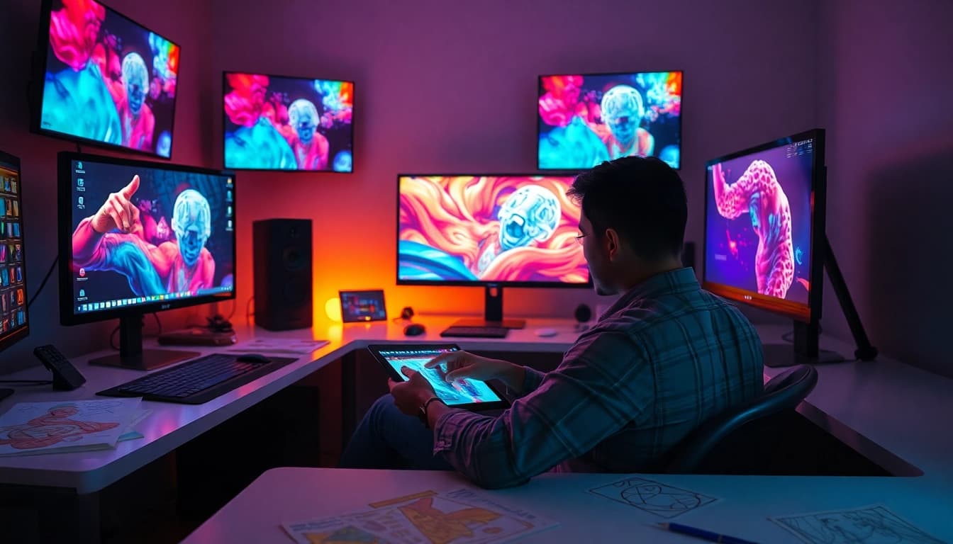 Image to prompt generator showcasing a digital artist's workspace with vibrant AI images.