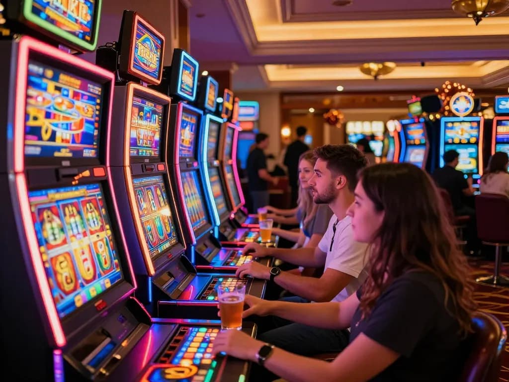Players enjoying vibrant slot machines as cm88 gaming excitement fills the casino floor
