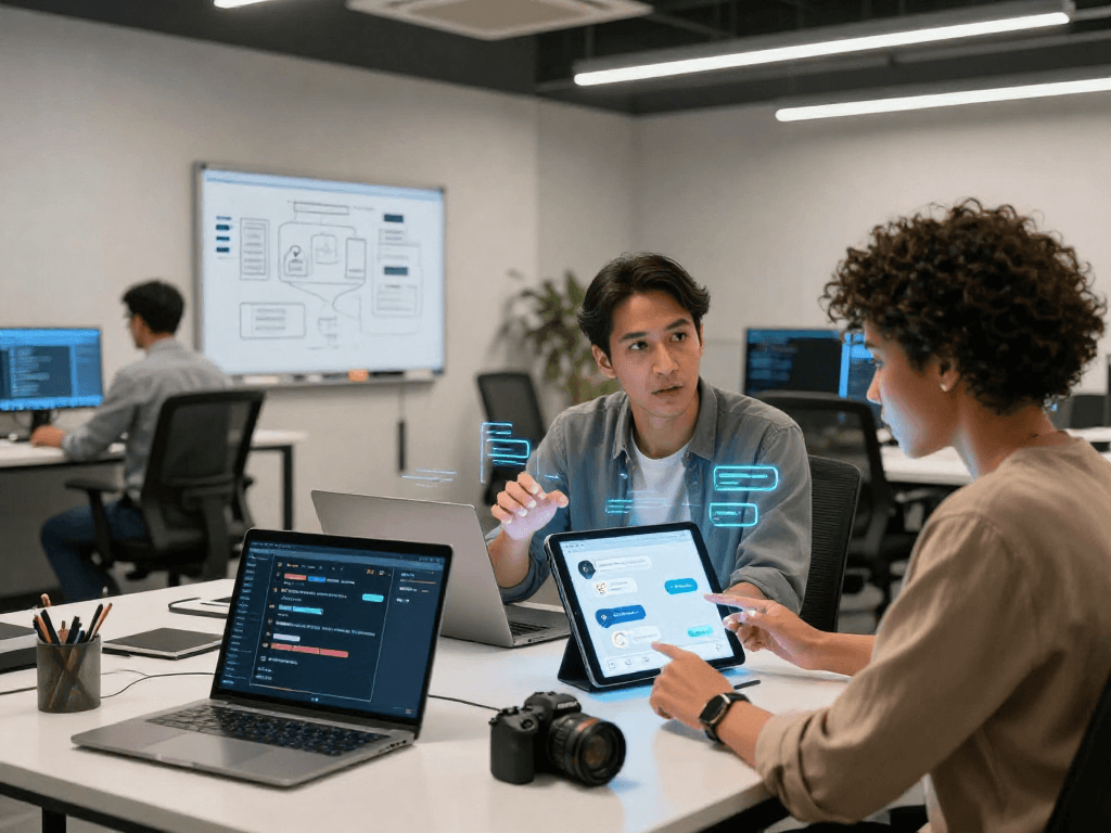 Engaged team exploring an nsfw chat bot in a modern tech workspace