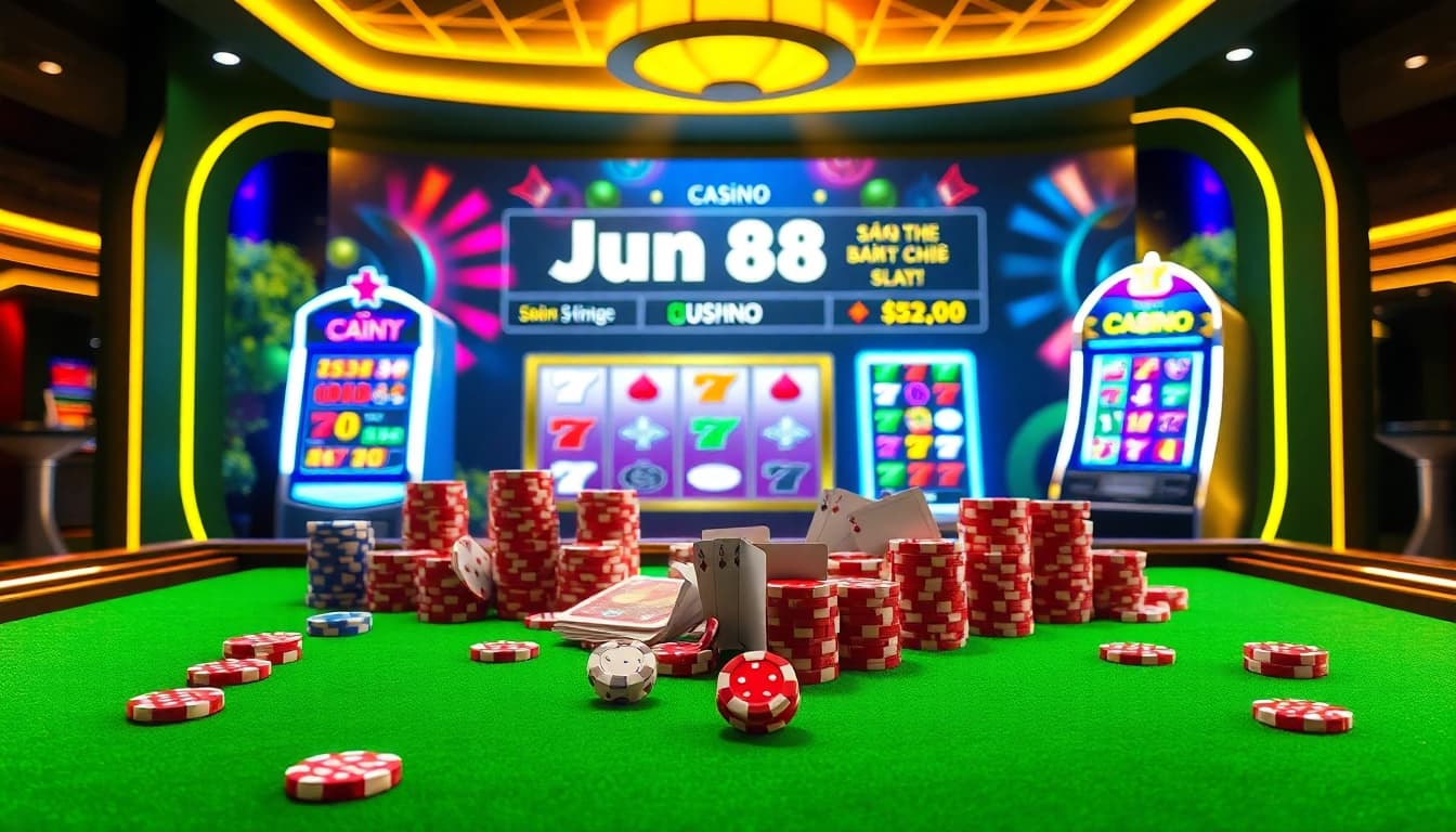 Action-packed gambling scene showcasing the vibrant interface of trang chủ jun88, highlighting poker chips and a glowing slot machine.