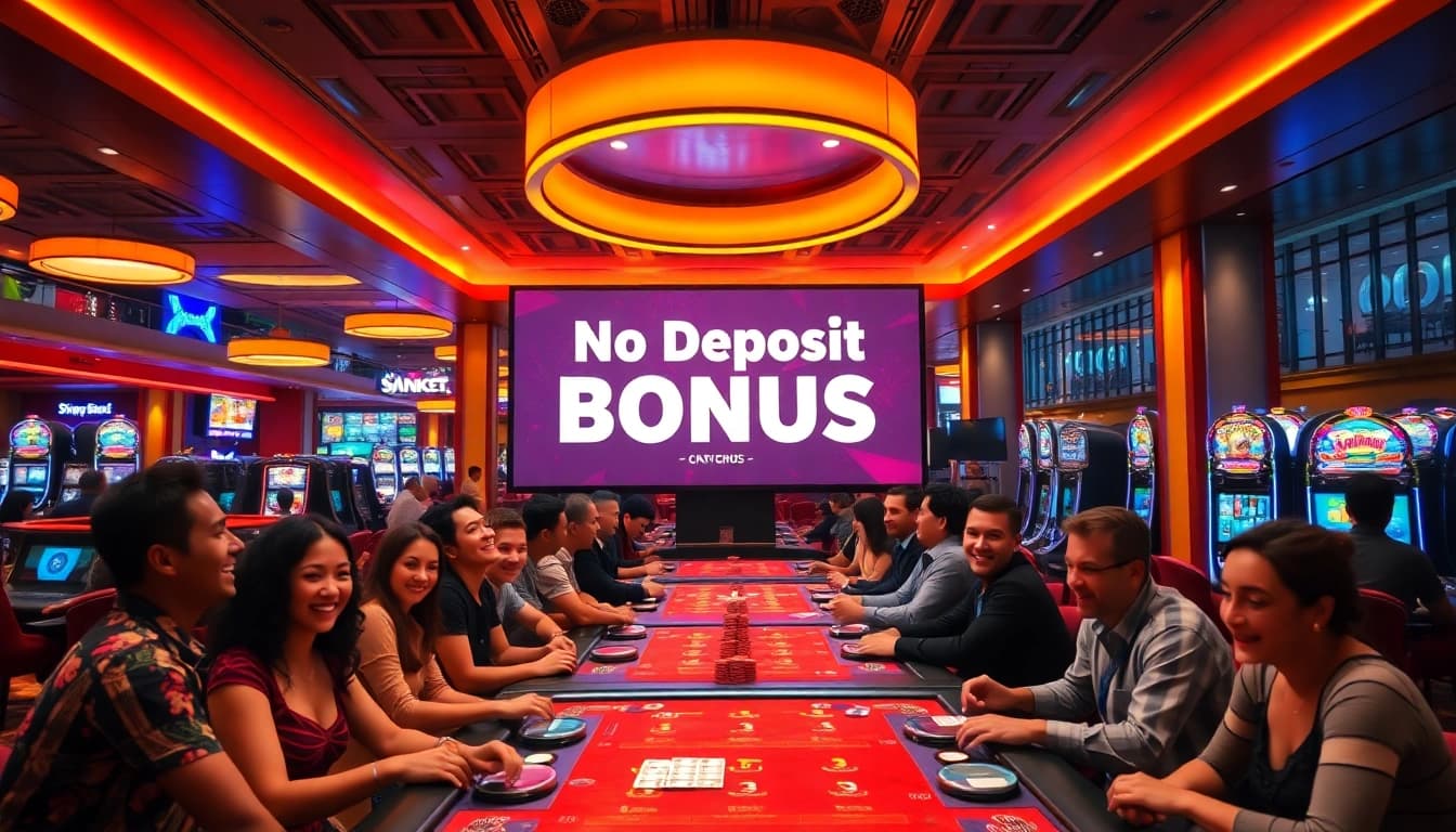 Neue casino bonus ohne einzahlung beworben in einem lebhaften Casino mit Spielern.