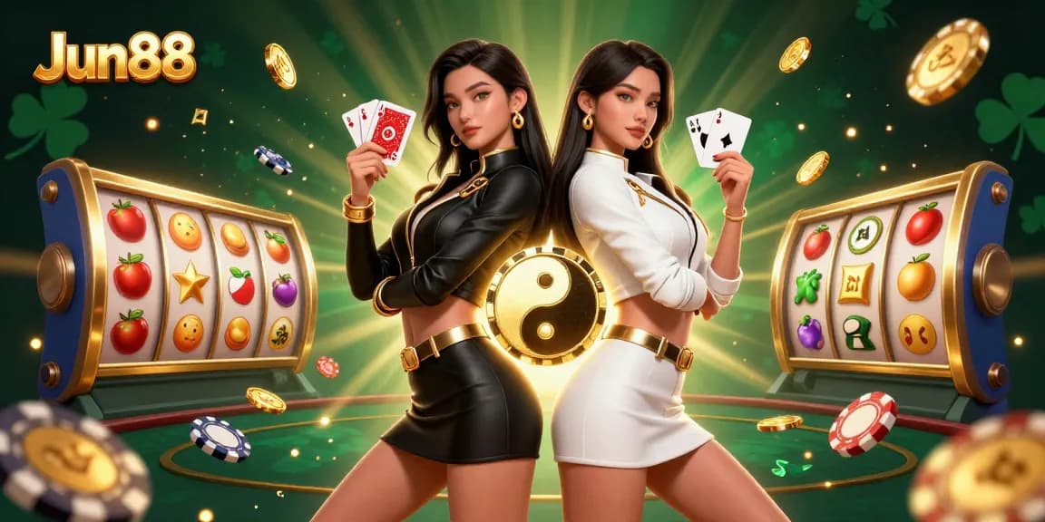 Experience thrilling gameplay at Jun88 with stunning visuals of twin Asian casino players holding cards.