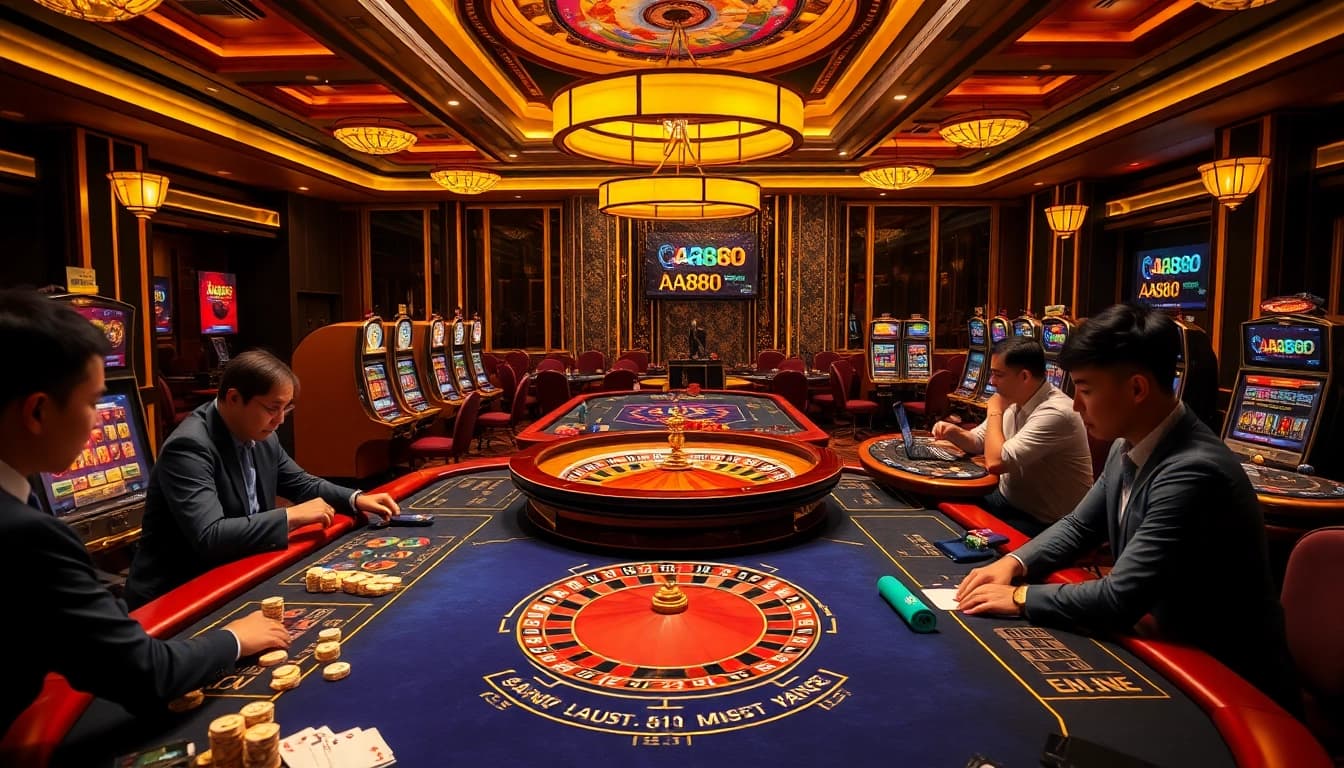 Participe de uma jogabilidade empolgante no cassino de luxo da AA888, com jogos vibrantes e jogadores entusiasmados.