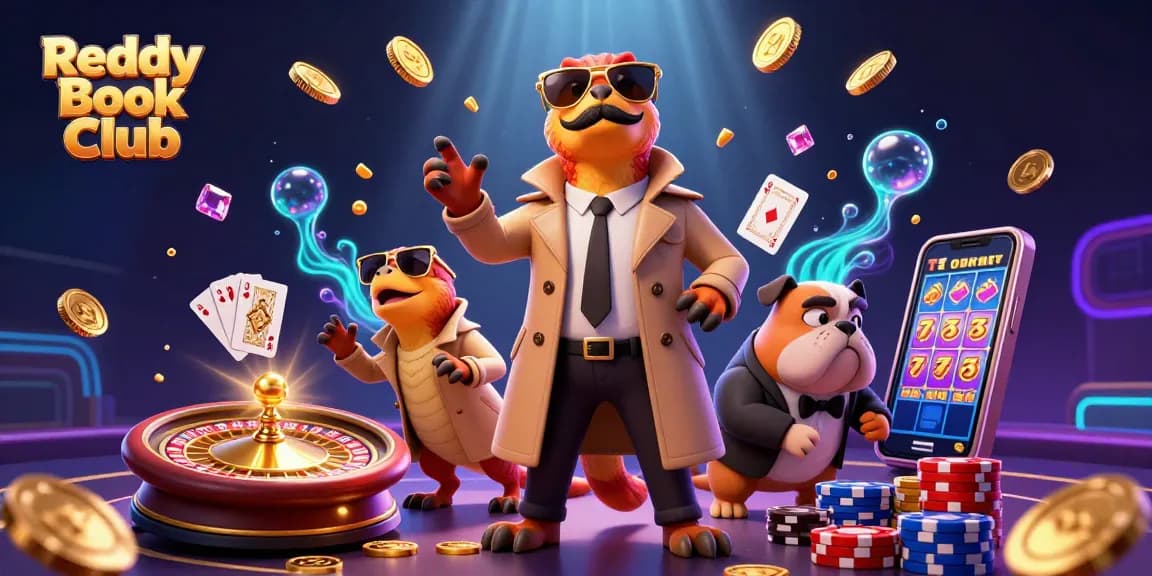 Reddy Book Club raptors sneaking into a casino, surrounded by sparkling gems and golden coins.