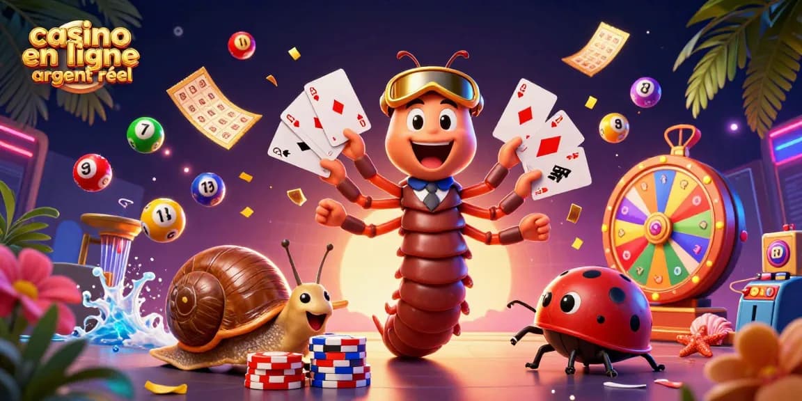 Explorez le monde du casino en ligne argent réel avec une scène animée de jeux, de loteries et de croupiers colorés.