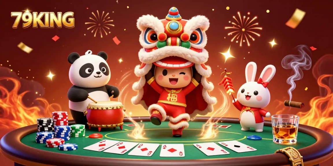 Experience gaming thrills at 79KING with festive characters in a casino setting featuring poker tables and vibrant decorations.