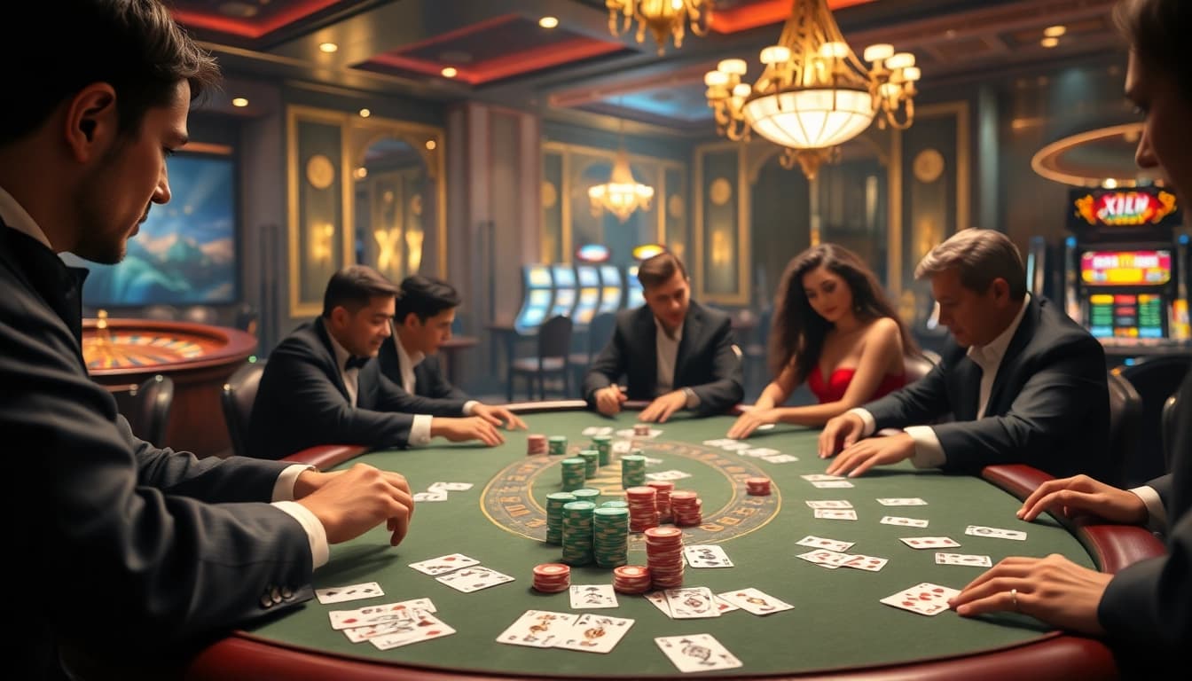 Players engaged at the XN88 poker table, showcasing high-stakes excitement with colorful chips and cards.
