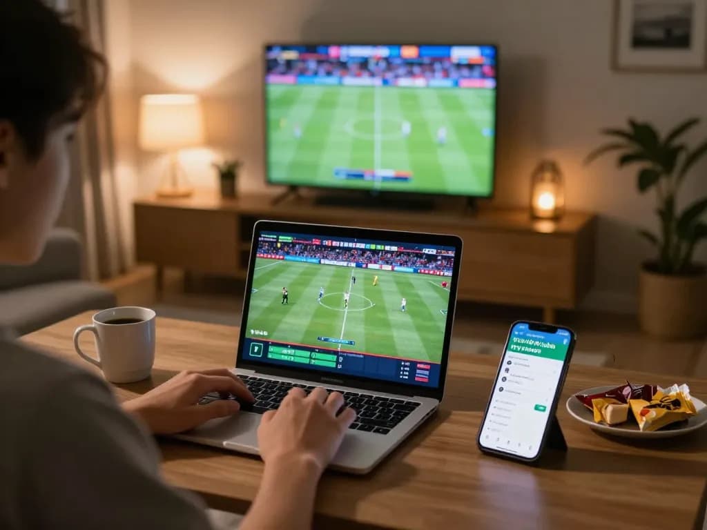 Tỷ lệ kèo trực tuyến shown on a laptop screen, capturing the excitement of online sports betting.
