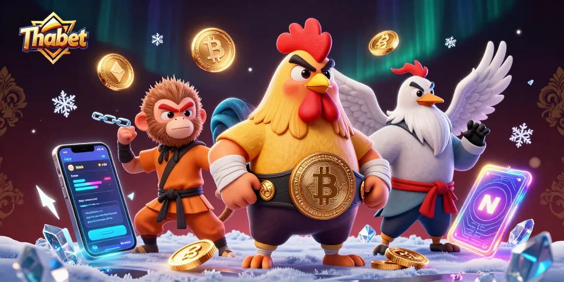 Join the excitement at Thabet with vivid characters, crypto coins, and dynamic gambling elements.