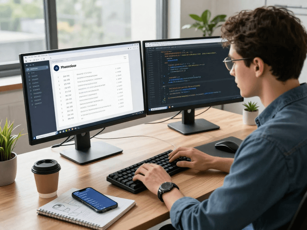 who-called-me phone number lookup tool in a modern tech workspace with a developer coding