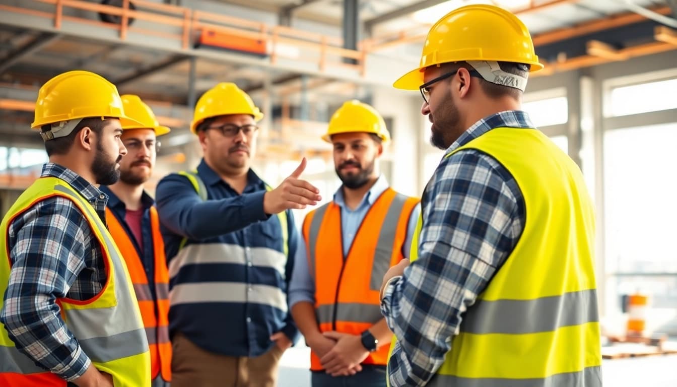 Construction safety training with workers practicing safety techniques and wearing protective gear.