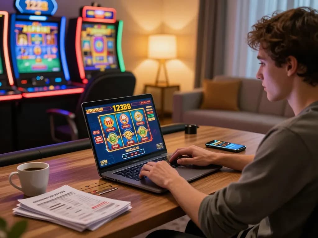 Engaging online gaming at home with 123b casino, showcasing vibrant slot machines and a focused player.