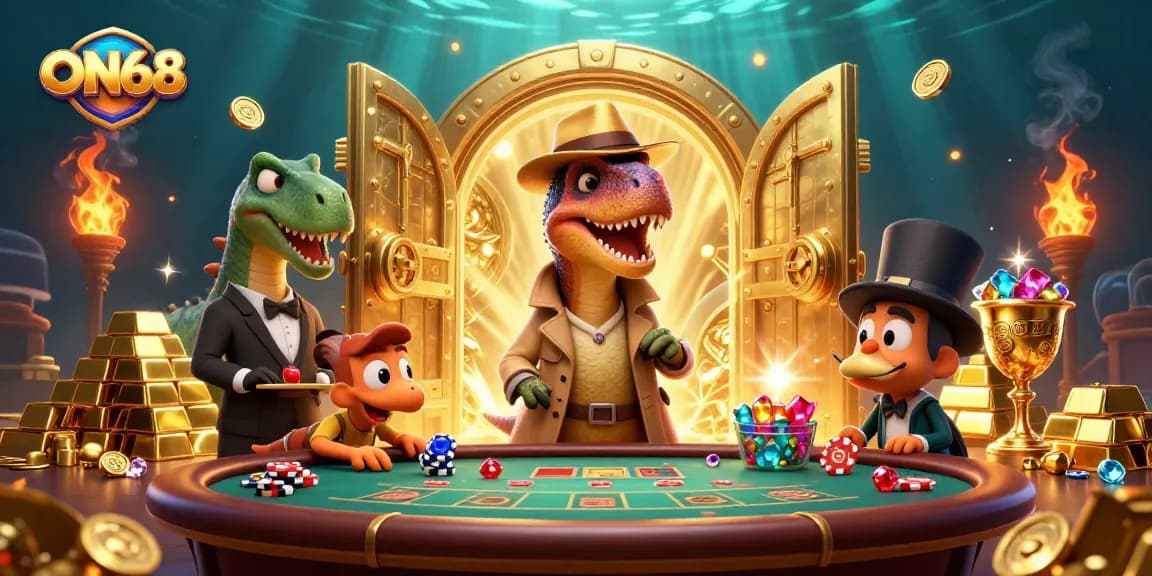 ON68 velociraptor counter feigning innocence at a blackjack table amidst treasure in a vivid casino scene.