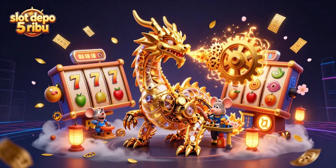 Experience wins with slot depo 5 ribu featuring a golden dragon and vibrant slot elements.