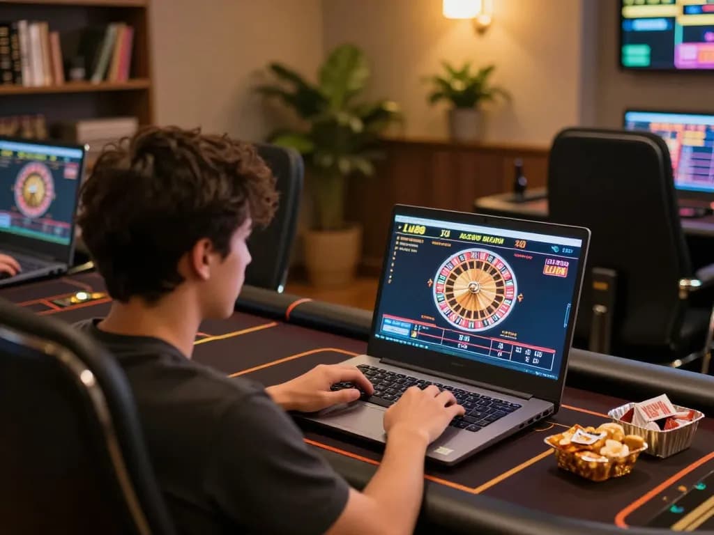 Engaging player using lu88 online casino on laptop, showcasing dynamic roulette gameplay.