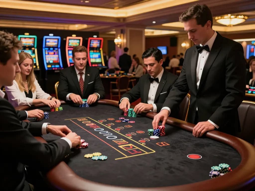 Players engaging in a strategic blackjack game at vipwin casino table amidst luxury decor