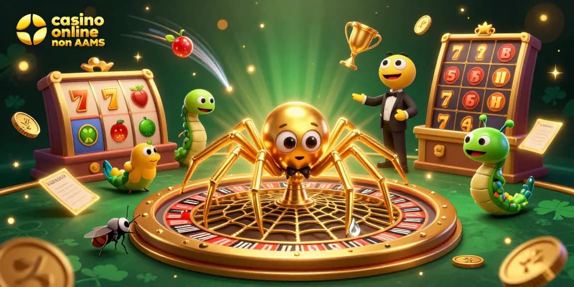 Slot online ai casinò non AAMS: una scena vivace con una ragnatela dorata e simboli della fortuna.