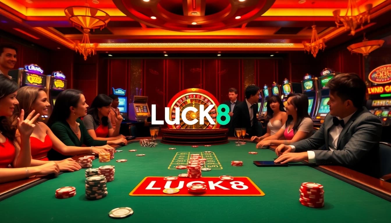 Người chơi đang tham gia tại bàn poker LUCK8 trong bầu không khí casino sang trọng.