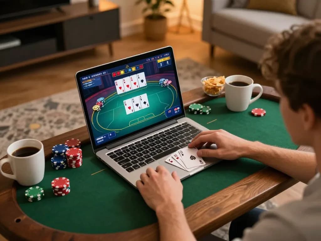 Engaging in online poker gameplay at https://x88.design/ with cozy setup, showcasing strategy and winning moments