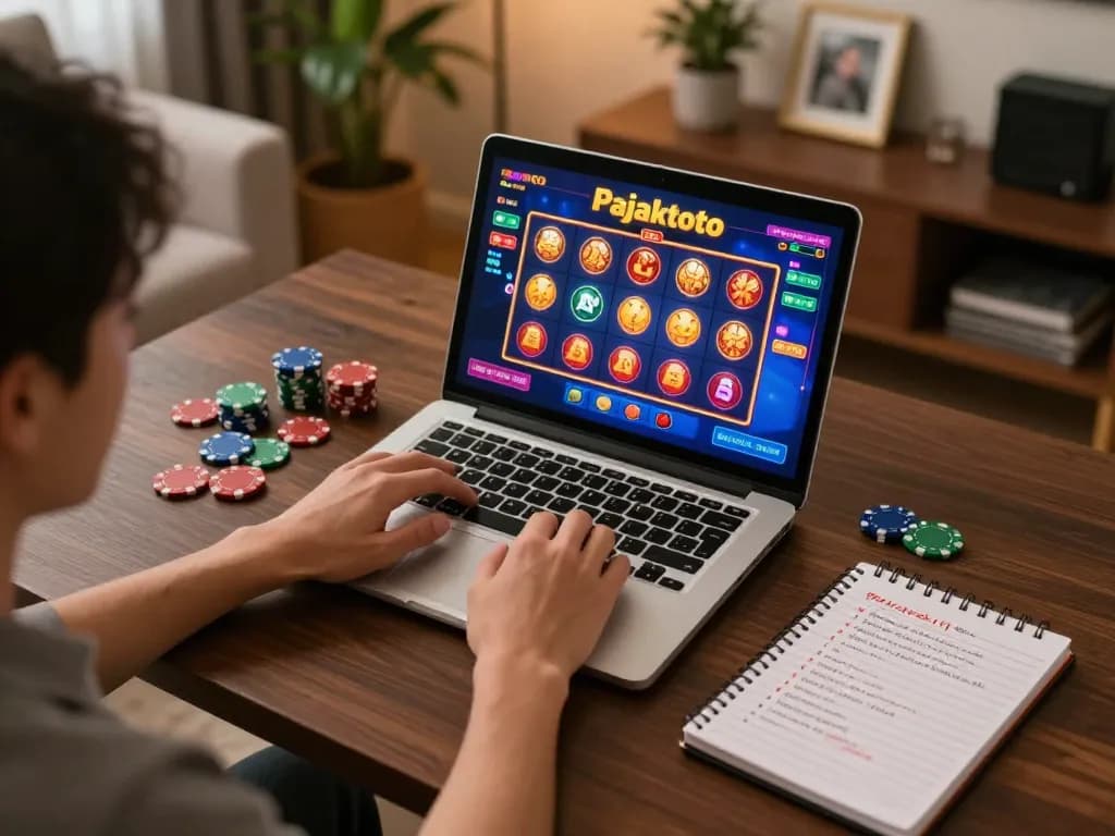 Pajaktoto online slot game session with laptop displaying colorful graphics, chips, and betting strategies.