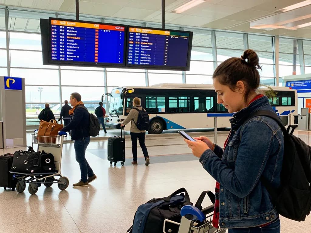 Traveling from Halifax to Manchester Airport, a passenger checks flight information amid a busy airport setting.