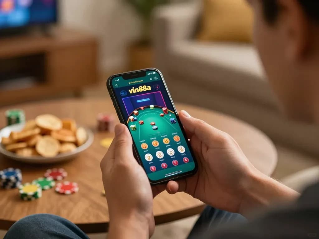Player enjoying the vin88a app on a smartphone while strategically betting on poker in a cozy home setting.
