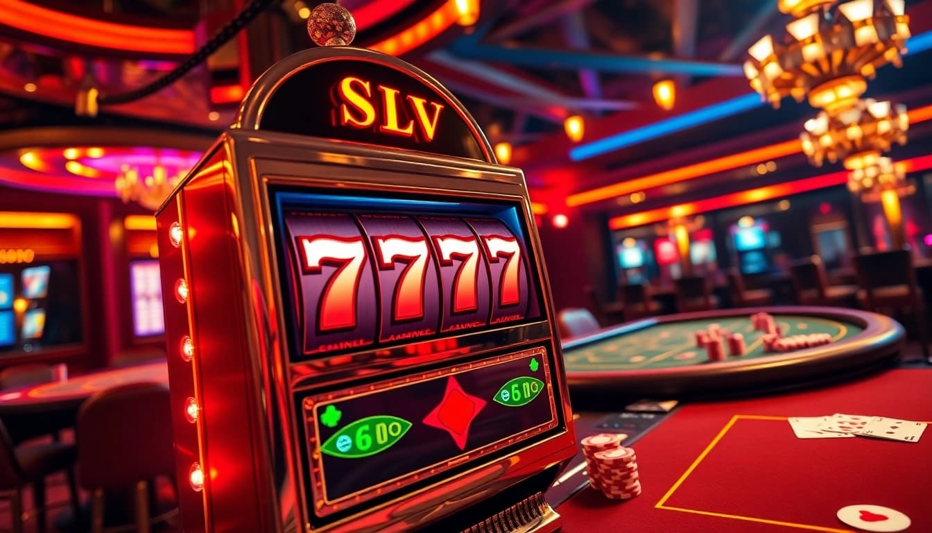 Players celebrating their wins on the slot 777 machine in a luxurious casino backdrop.
