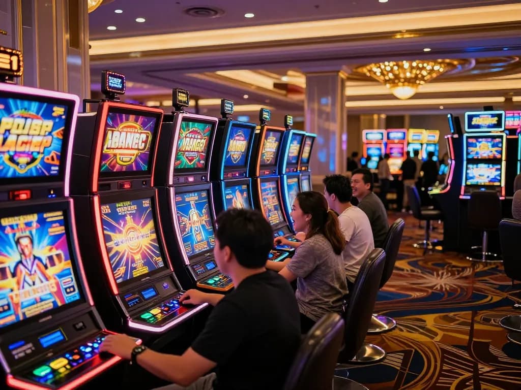 Players enjoying vibrant FC88 slot machines in a lively casino atmosphere