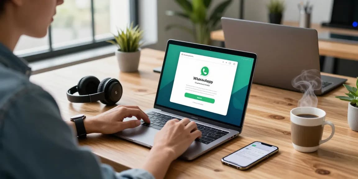 Engaged user downloading WhatsApp下載 on a laptop in a modern tech workspace.
