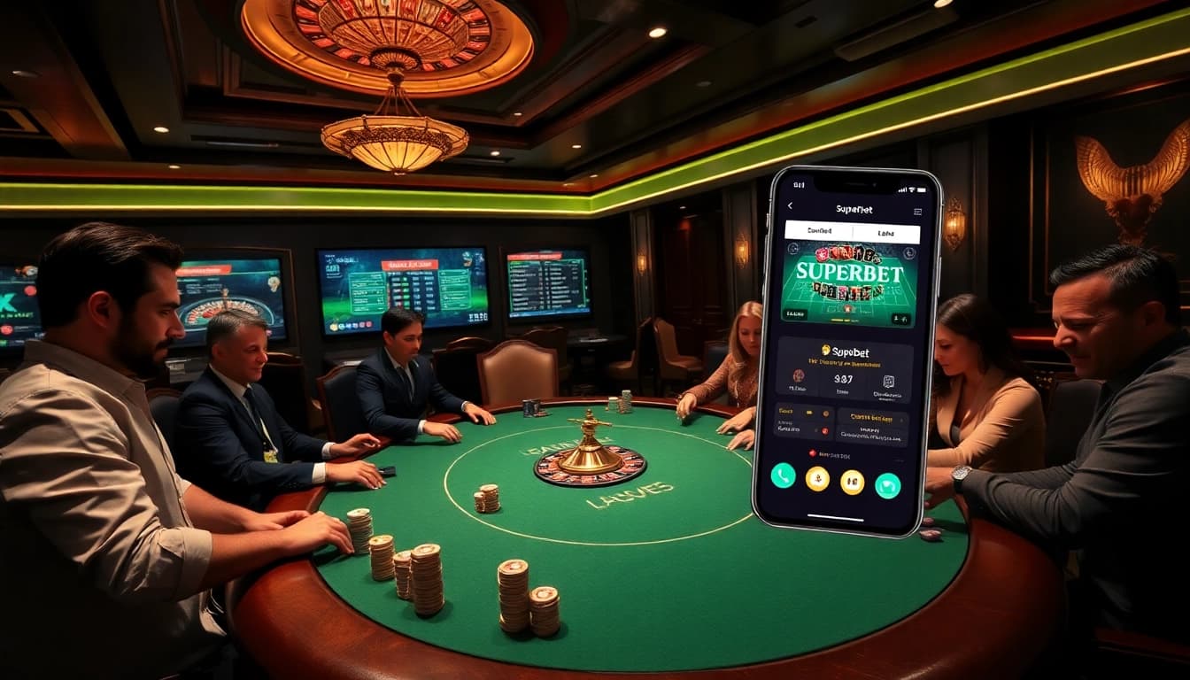 Experience the thrill of Superbet gaming with poker chips and a roulette wheel in an opulent casino setting.