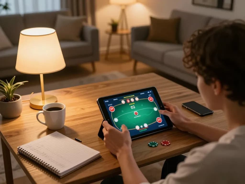 Engaging in online gambling at home with harga toto displayed on tablet interface, creating a cozy gaming atmosphere.