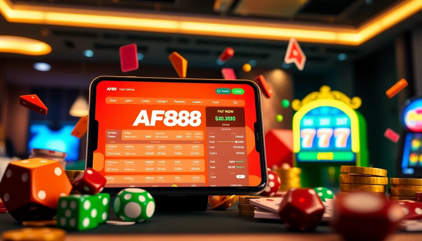Engaging AF88 online betting platform displayed on mobile and desktop screens with vibrant casino elements.