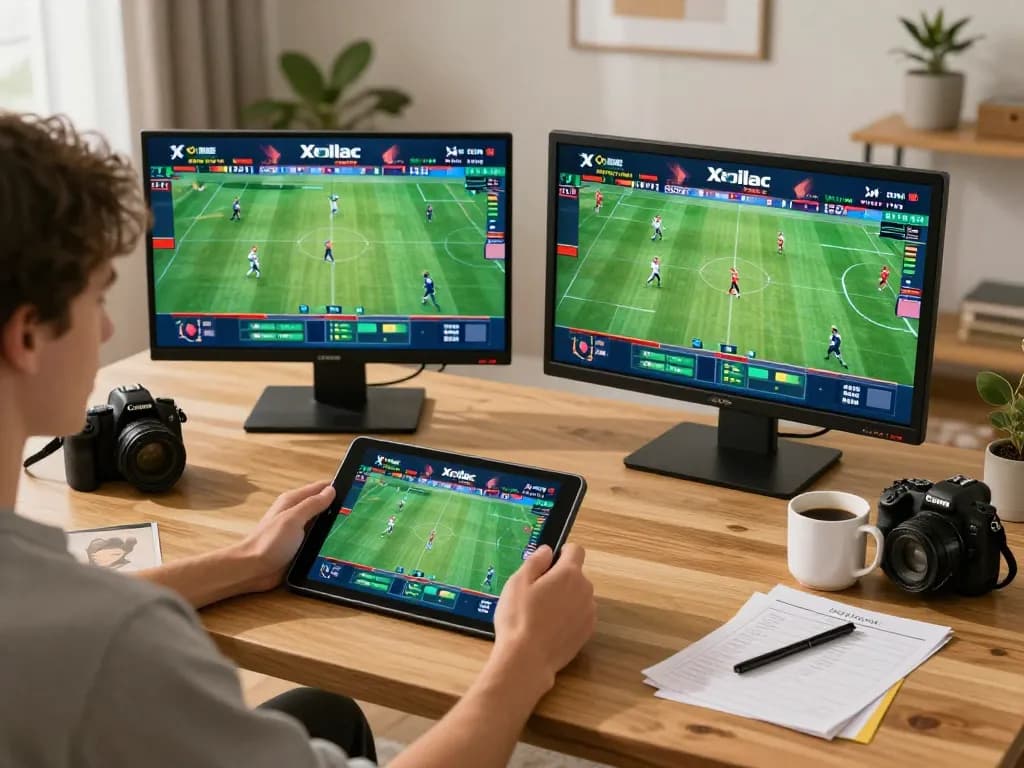 Xoilac sports betting setup with lively atmosphere, player engaged with live match screens.
