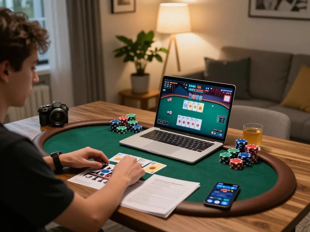 LOTO188 player enjoying an online poker game at home with cozy atmosphere and strategy notes.