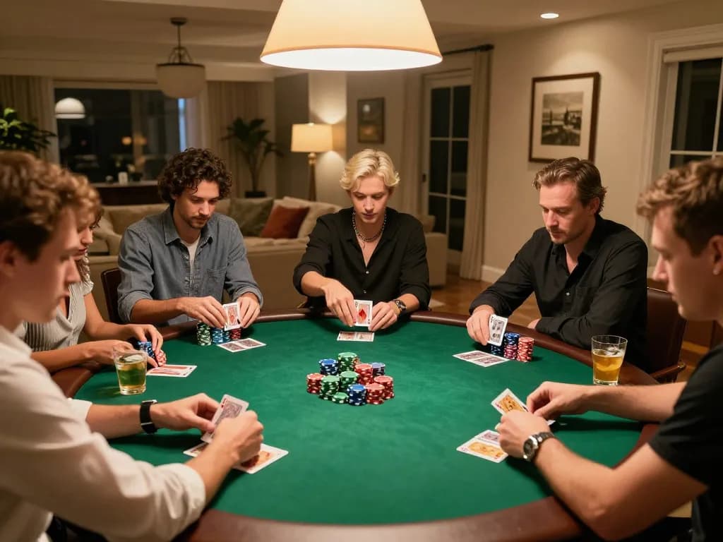 Superjp players enjoying a strategic home poker game with friends in a cozy setting.