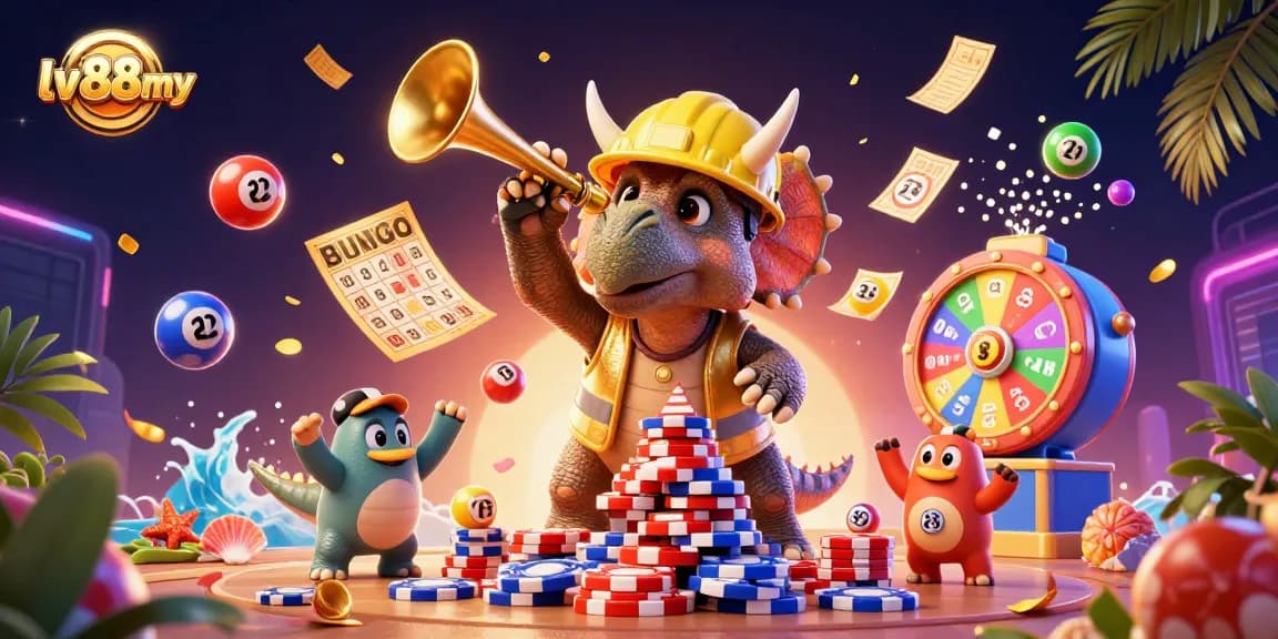 Engage with exciting games at lv88my, featuring vibrant lottery numbers and a whimsical casino scene.