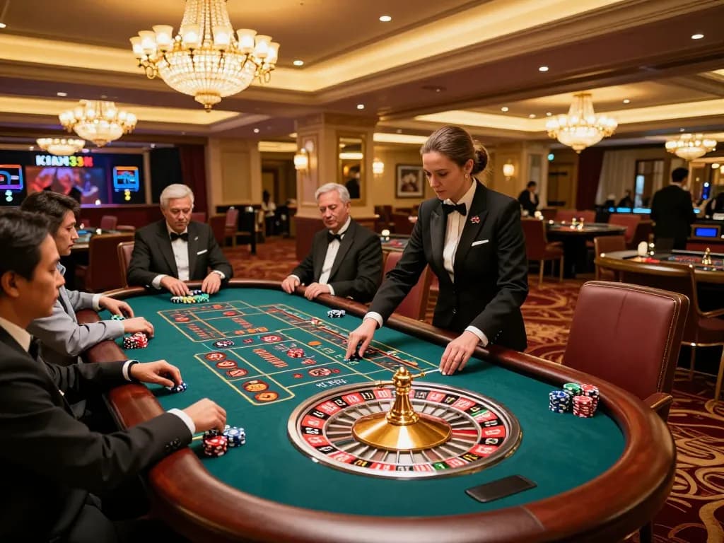 Experience the excitement at King33's roulette table with players engaging and chips scattered.