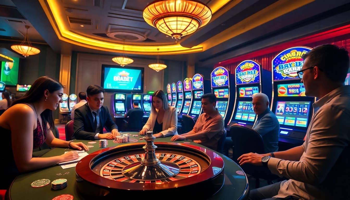BRABET showcases an elegant casino scene with vibrant games, inviting players to join.