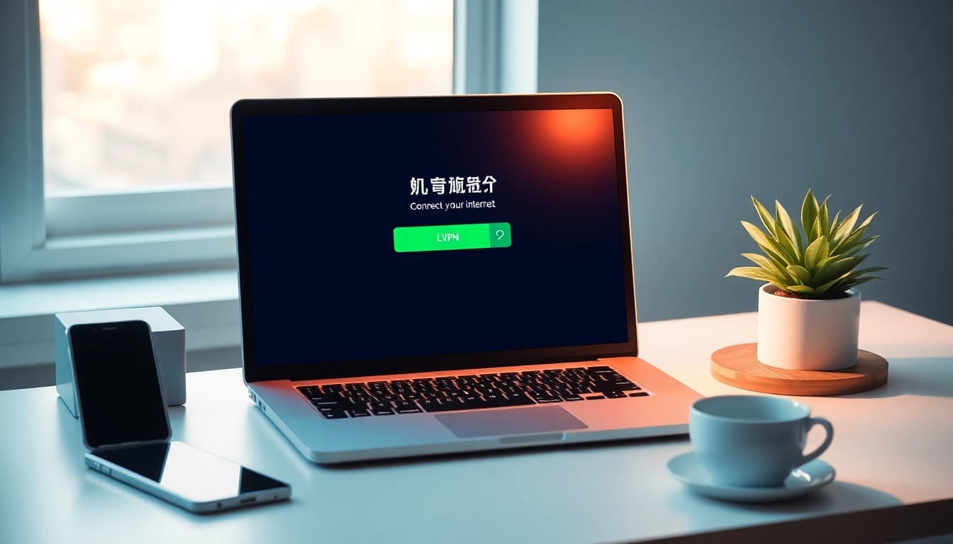 在现代工作空间的笔记本电脑上显示的快连 VPN 界面，突出其用户友好的连接性。