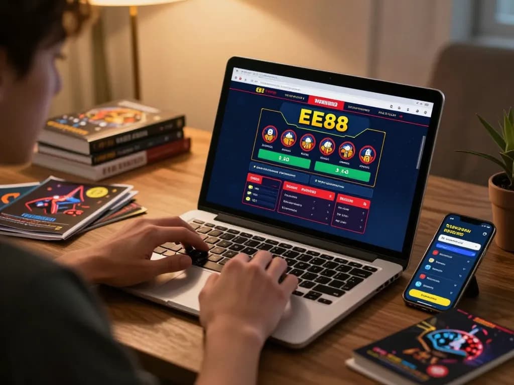 Engaged player using EE88 online casino platform on laptop and smartphone, promoting responsible betting in a cozy home setting.