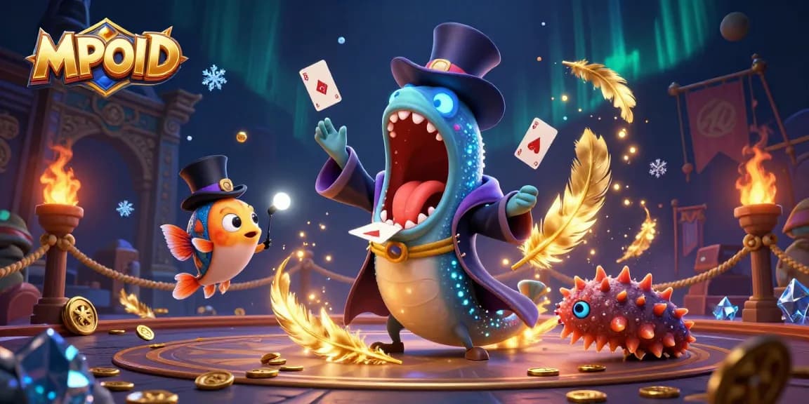 MPOID features a whimsical scene with a deep-sea gulper eel performing card tricks at a vibrant online casino