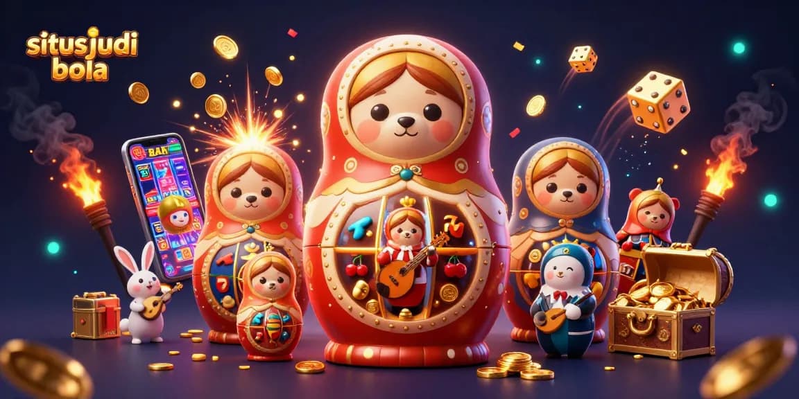 Experience situs judi bola as playful characters surround a vibrant slot machine bursting with coins.