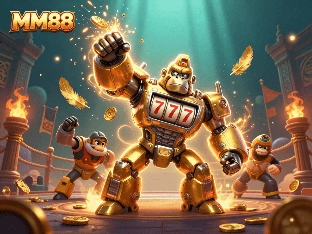 Experience thrilling action with MM88's golden gorilla mech winning jackpots, surrounded by prizes.