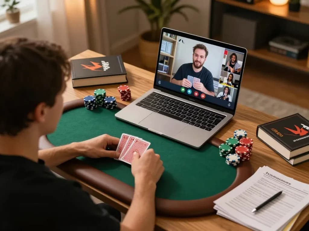 Engaging with tg88 during an intense online poker game on a laptop at home.