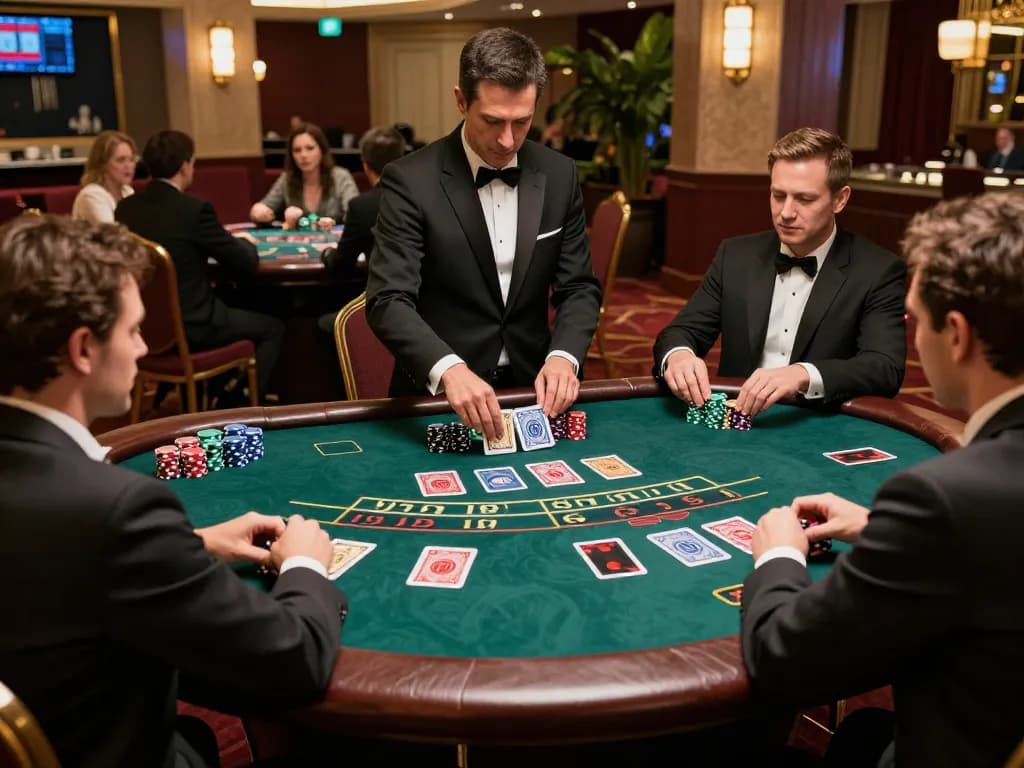 GA88 gamblers engaged in intense blackjack strategy at an upscale casino, colorful chips and cards visible