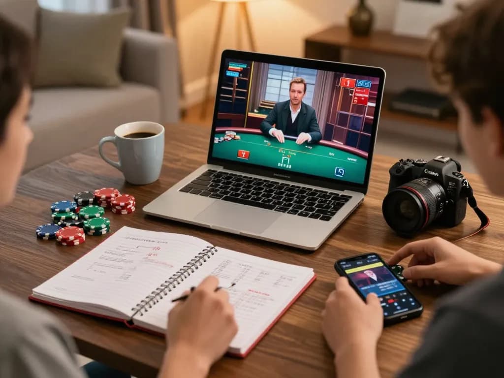 Player engaging in online poker with f8beta2 app on laptop in cozy home setting, strategic atmosphere.