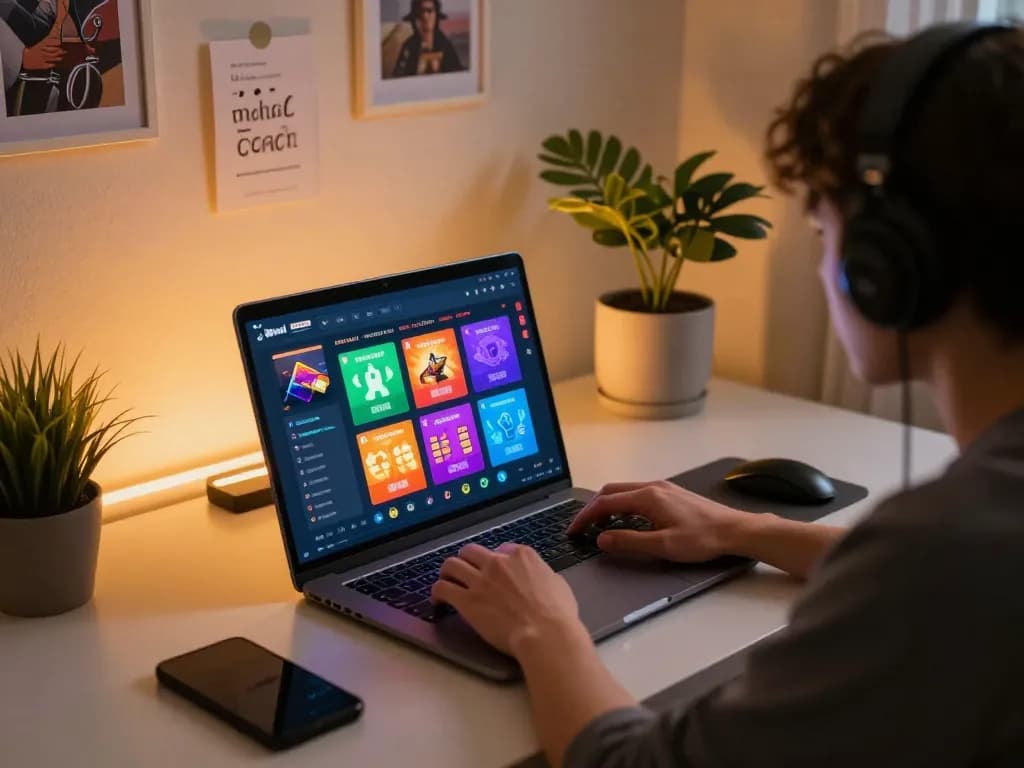 Engaged player enjoying a toto togel online gaming session in a stylish home office.
