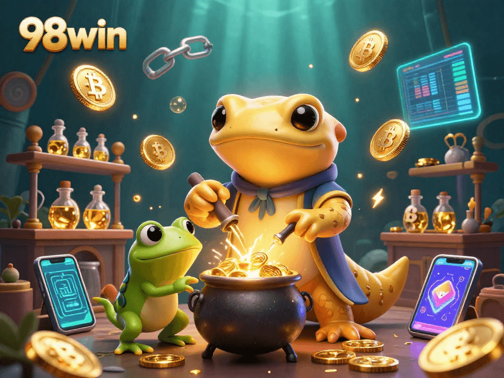 Experience thrilling gaming action with 98win, featuring vibrant 3D characters and crypto elements!